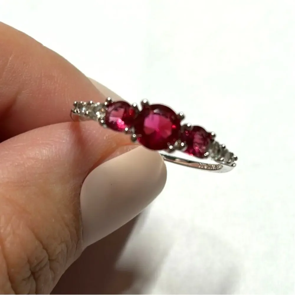 Bomb Party July Birthday Ring 3 Stone Lab Created Ruby on Silver Tone Size 11
